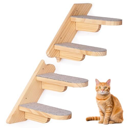 Wooden Wall Mounted Four Step Cat Shelf With Plush Cover